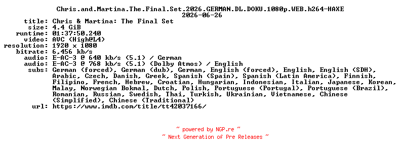 NFO for the release Chris.and.Martina.The.Final.Set.2026.GERMAN.DL.DOKU.1080p.WEB.h264-HAXE by HAXE