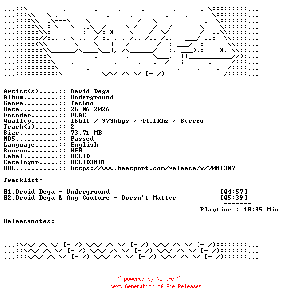 NFO for the release Devid_Dega-Underground-DCLTD38BT-16BIT-WEB-FLAC-2026-WAVED by WAVED