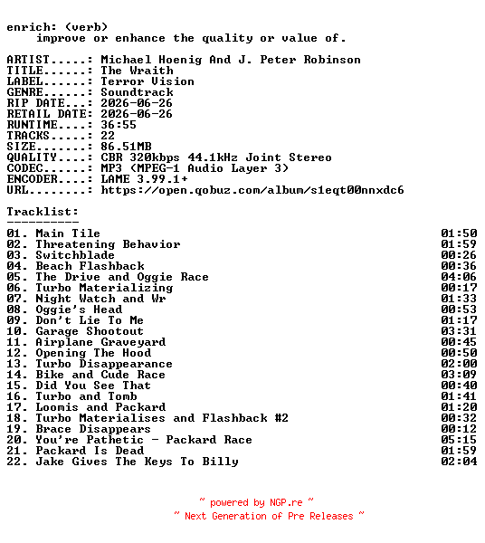 NFO for the release Michael_Hoenig_And_J._Peter_Robinson-The_Wraith-OST-WEB-2026-ENRiCH by ENRiCH