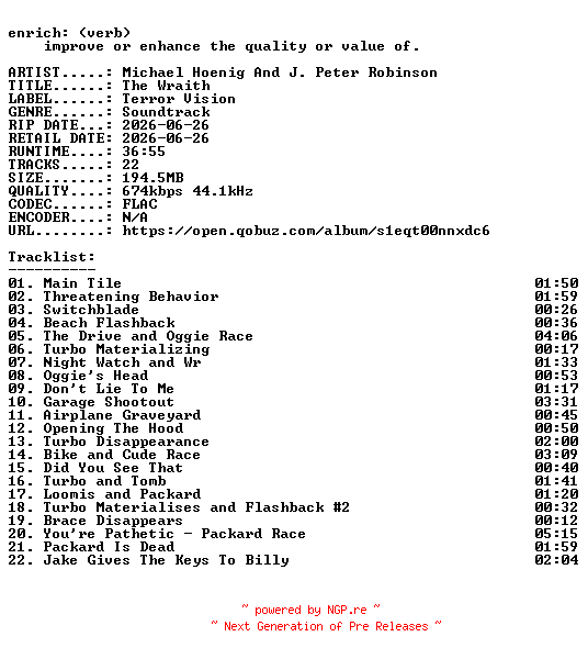 NFO for the release Michael_Hoenig_And_J._Peter_Robinson-The_Wraith-OST-16BIT-WEB-FLAC-2026-ENRiCH by ENRiCH