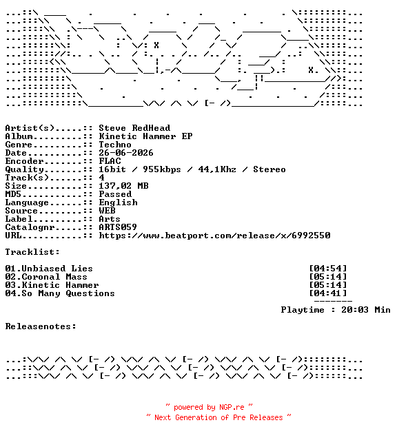 NFO for the release Steve_RedHead-Kinetic_Hammer_EP-ARTS059-16BIT-WEB-FLAC-2026-WAVED by WAVED