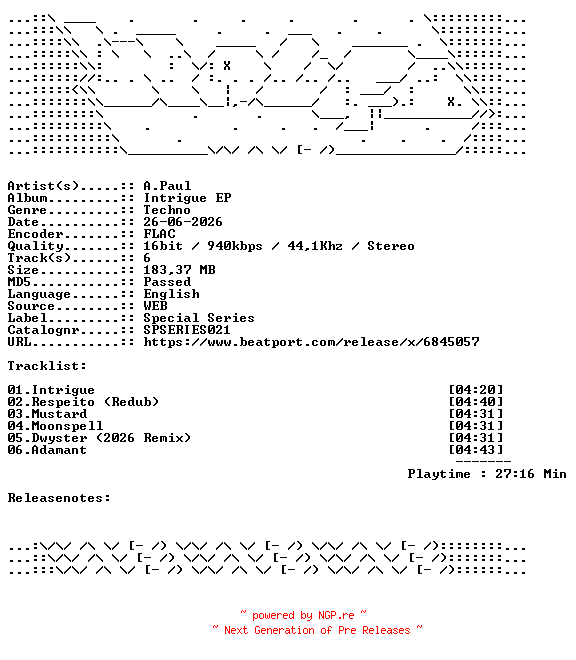 NFO for the release A.Paul-Intrigue_EP-SPSERIES021-16BIT-WEB-FLAC-2026-WAVED by WAVED