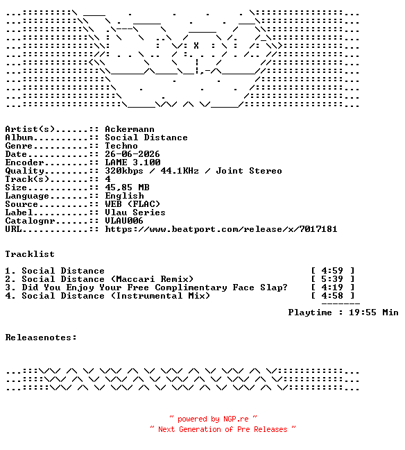 NFO for the release Ackermann-Social_Distance-VLAU006-WEB-2026-WAV by WAV