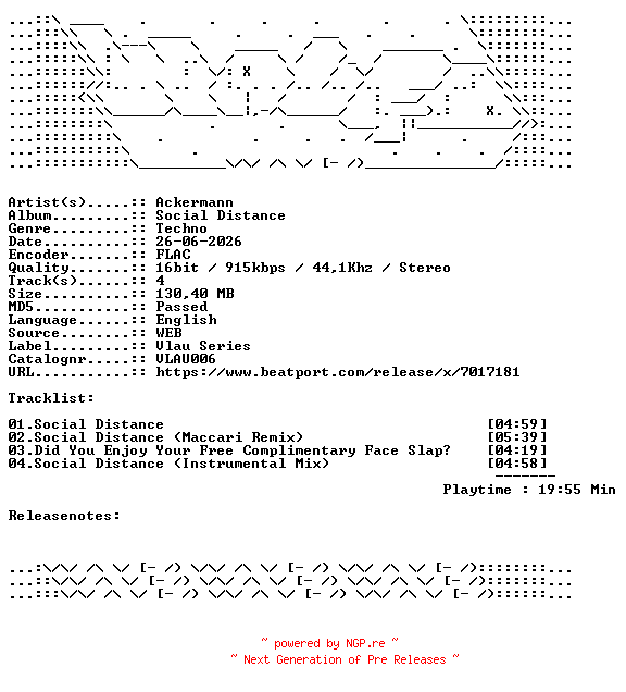 NFO for the release Ackermann-Social_Distance-VLAU006-16BIT-WEB-FLAC-2026-WAVED by WAVED