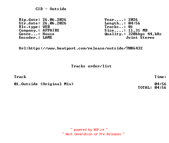 NFO for the release CID_-_Outside_(Original_Mix)-SINGLE-WEB-2026-FMC by FMC