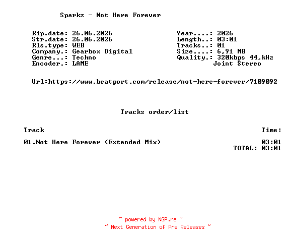 NFO for the release Sparkz_-_Not_Here_Forever-(GBD560)-SINGLE-WEB-2026-FMC by FMC