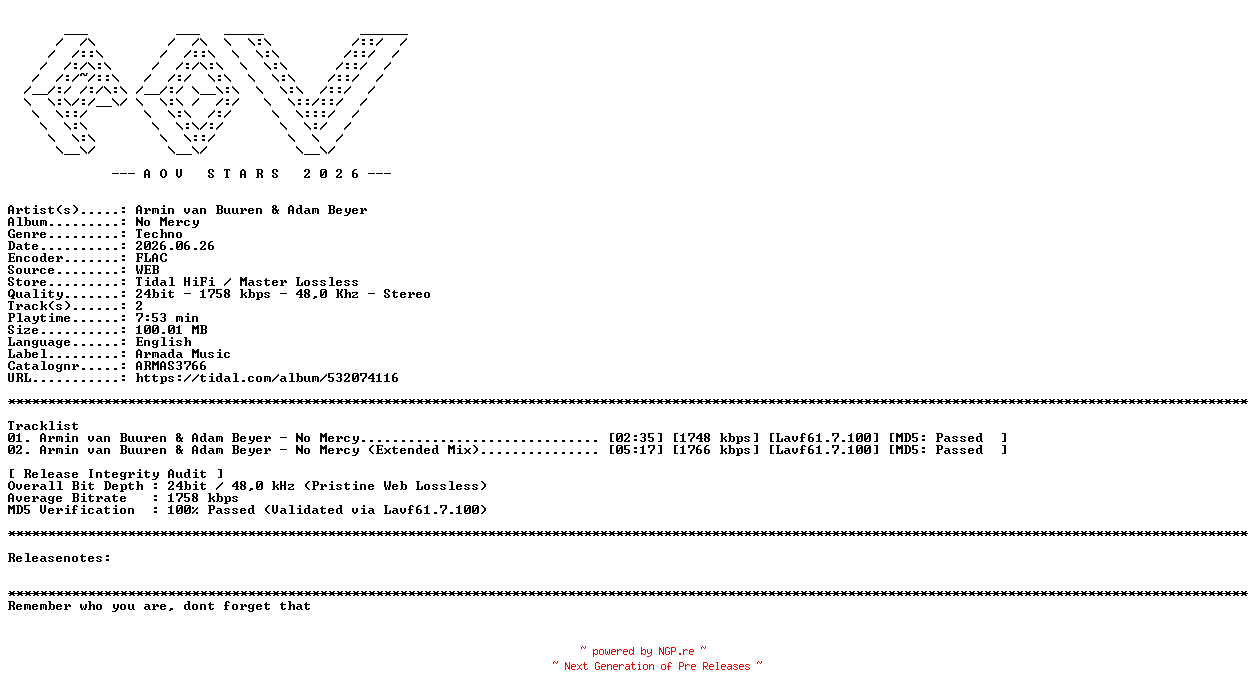 NFO for the release Armin_Van_Buuren_and_Adam_Beyer-No_Mercy-(ARMAS3766)-24BIT-WEB-FLAC-2026-AOVF by AOVF