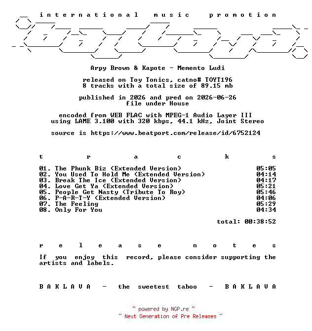 NFO for the release Arpy_Brown_and_Kapote-Memento_Ludi-(TOYT196)-WEB-2026-BAKLAVA by BAKLAVA