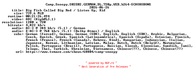 NFO for the release Camp.Snoopy.S02E02.GERMAN.DL.720p.WEB.h264-SCHOKOBONS by SCHOKOBONS