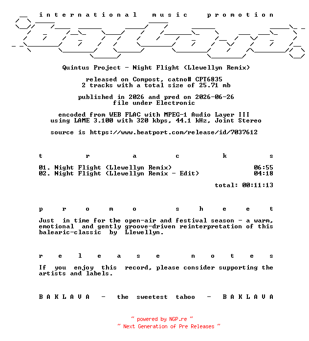 NFO for the release Quintus_Project-Night_Flight_(Llewellyn_Remix)-(CPT6835)-WEB-2026-BAKLAVA by BAKLAVA