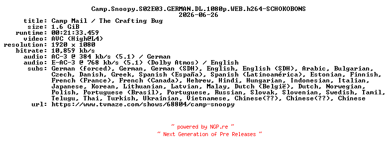 NFO for the release Camp.Snoopy.S02E03.GERMAN.DL.1080p.WEB.h264-SCHOKOBONS by SCHOKOBONS