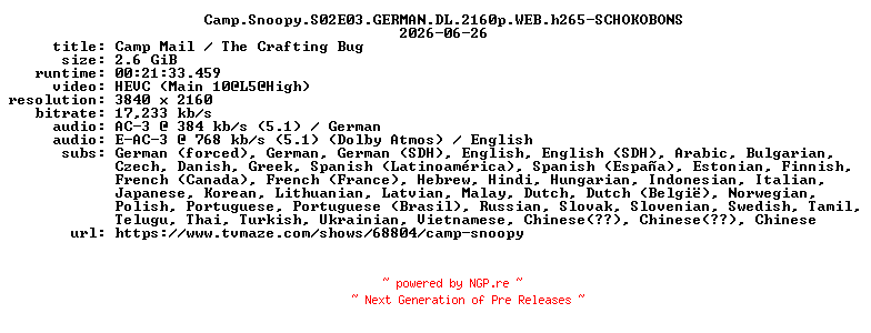 NFO for the release Camp.Snoopy.S02E03.GERMAN.DL.2160p.WEB.h265-SCHOKOBONS by SCHOKOBONS