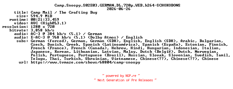 NFO for the release Camp.Snoopy.S02E03.GERMAN.DL.720p.WEB.h264-SCHOKOBONS by SCHOKOBONS