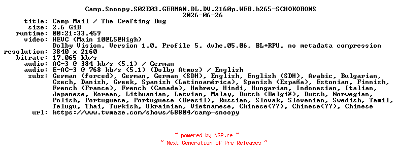 NFO for the release Camp.Snoopy.S02E03.GERMAN.DL.DV.2160p.WEB.h265-SCHOKOBONS by SCHOKOBONS