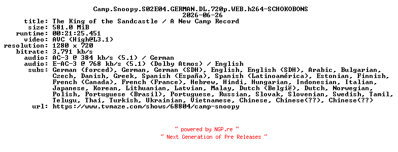 NFO for the release Camp.Snoopy.S02E04.GERMAN.DL.720p.WEB.h264-SCHOKOBONS by SCHOKOBONS
