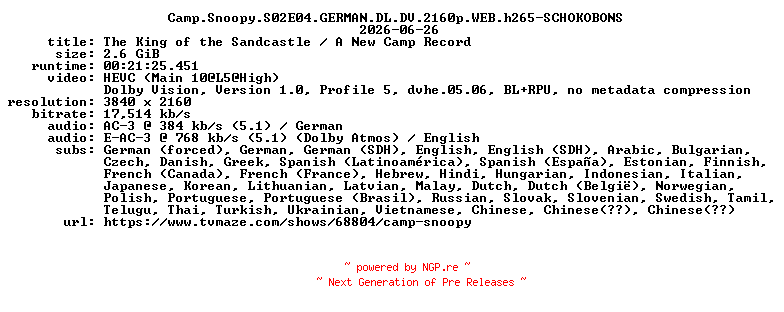 NFO for the release Camp.Snoopy.S02E04.GERMAN.DL.DV.2160p.WEB.h265-SCHOKOBONS by SCHOKOBONS