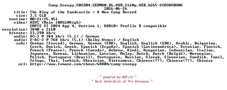 NFO for the release Camp.Snoopy.S02E04.GERMAN.DL.HDR.2160p.WEB.h265-SCHOKOBONS by SCHOKOBONS