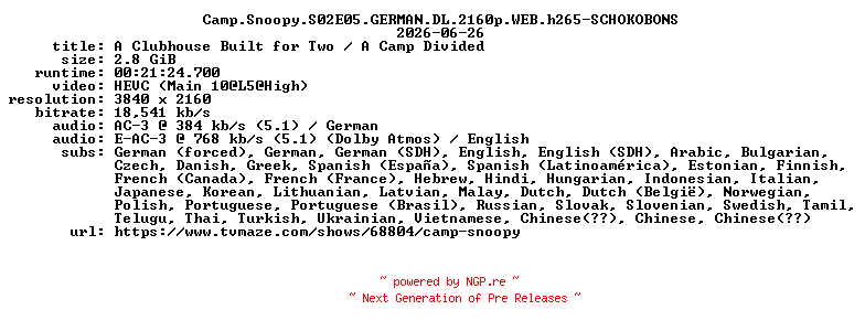 NFO for the release Camp.Snoopy.S02E05.GERMAN.DL.2160p.WEB.h265-SCHOKOBONS by SCHOKOBONS