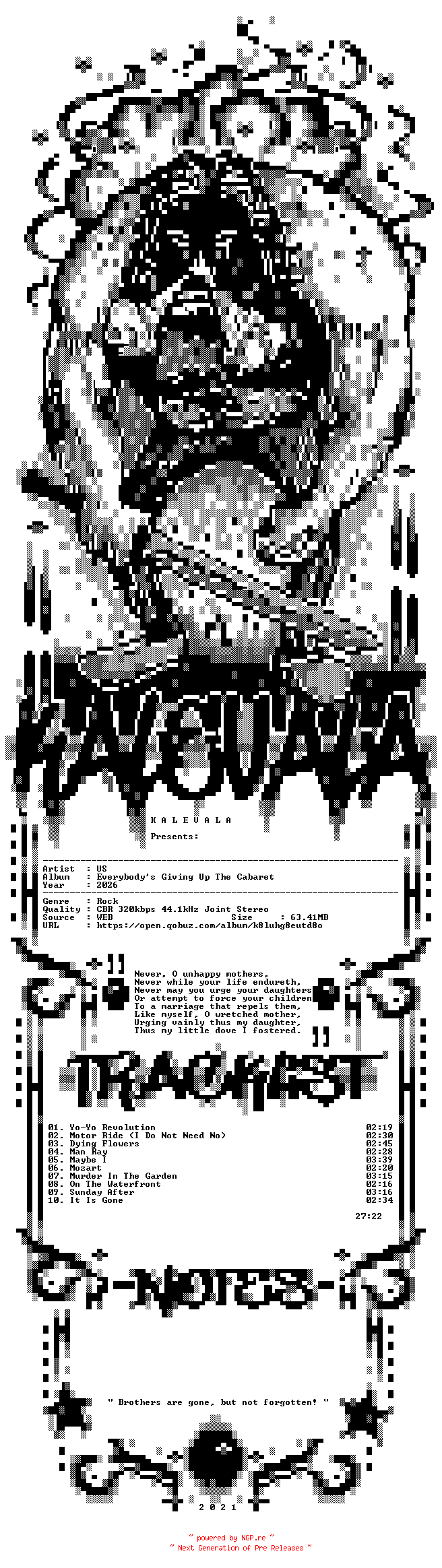 NFO for the release US-Everybodys_Giving_Up_The_Cabaret-WEB-2026-KALEVALA by KALEVALA