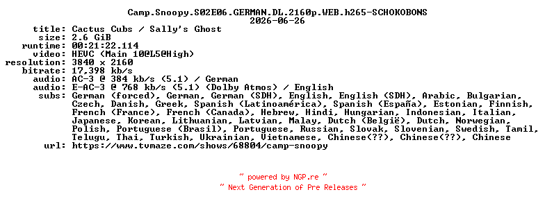 NFO for the release Camp.Snoopy.S02E06.GERMAN.DL.2160p.WEB.h265-SCHOKOBONS by SCHOKOBONS