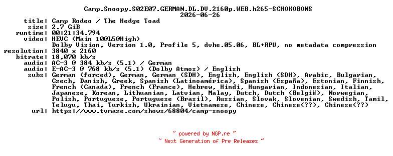 NFO for the release Camp.Snoopy.S02E07.GERMAN.DL.DV.2160p.WEB.h265-SCHOKOBONS by SCHOKOBONS