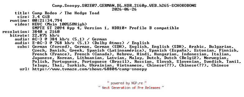 NFO for the release Camp.Snoopy.S02E07.GERMAN.DL.HDR.2160p.WEB.h265-SCHOKOBONS by SCHOKOBONS