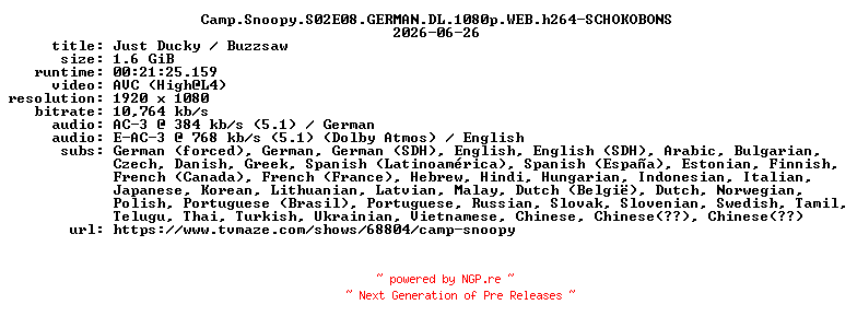 NFO for the release Camp.Snoopy.S02E08.GERMAN.DL.1080p.WEB.h264-SCHOKOBONS by SCHOKOBONS