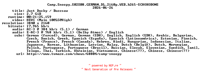 NFO for the release Camp.Snoopy.S02E08.GERMAN.DL.2160p.WEB.h265-SCHOKOBONS by SCHOKOBONS