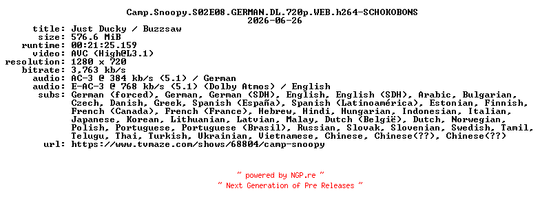 NFO for the release Camp.Snoopy.S02E08.GERMAN.DL.720p.WEB.h264-SCHOKOBONS by SCHOKOBONS