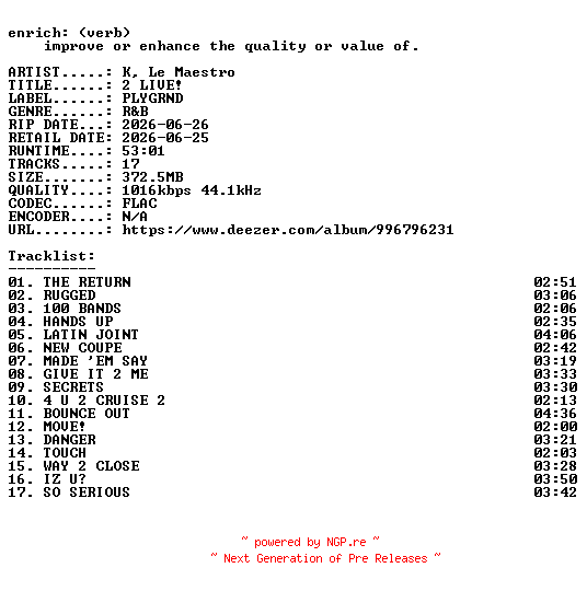 NFO for the release K_Le_Maestro-2_LIVE-16BIT-WEB-FLAC-2026-ENRiCH by ENRiCH