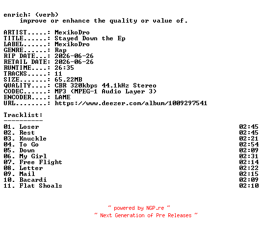 NFO for the release MexikoDro-Stayed_Down_the_Ep-WEB-2026-ENRiCH by ENRiCH