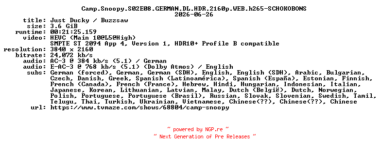 NFO for the release Camp.Snoopy.S02E08.GERMAN.DL.HDR.2160p.WEB.h265-SCHOKOBONS by SCHOKOBONS