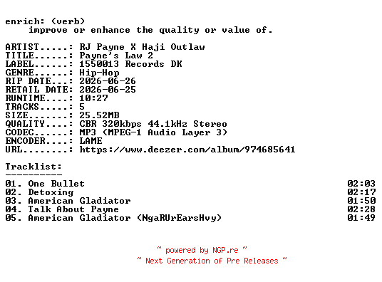 NFO for the release RJ_Payne_X_Haji_Outlaw-Paynes_Law_2-EP-WEB-2026-ENRiCH by ENRiCH