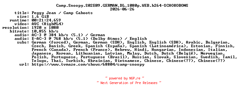 NFO for the release Camp.Snoopy.S02E09.GERMAN.DL.1080p.WEB.h264-SCHOKOBONS by SCHOKOBONS