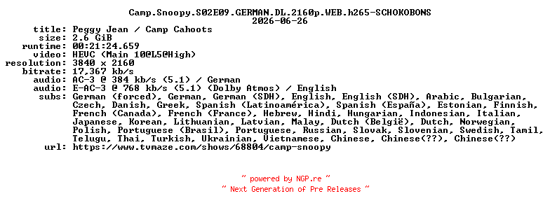 NFO for the release Camp.Snoopy.S02E09.GERMAN.DL.2160p.WEB.h265-SCHOKOBONS by SCHOKOBONS