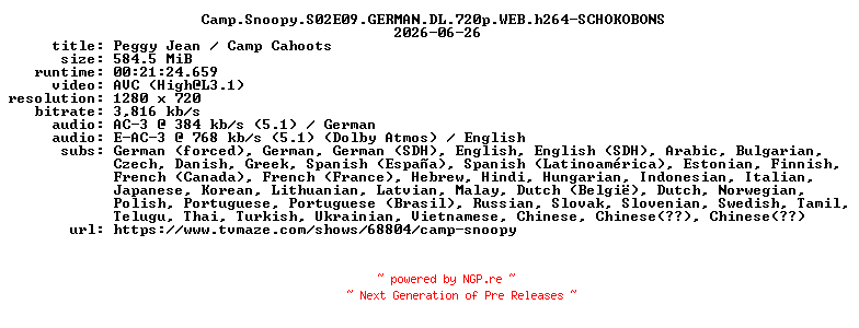 NFO for the release Camp.Snoopy.S02E09.GERMAN.DL.720p.WEB.h264-SCHOKOBONS by SCHOKOBONS