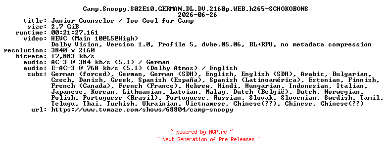 NFO for the release Camp.Snoopy.S02E10.GERMAN.DL.DV.2160p.WEB.h265-SCHOKOBONS by SCHOKOBONS