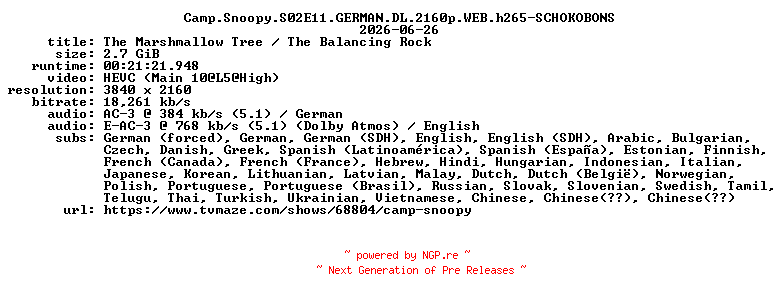 NFO for the release Camp.Snoopy.S02E11.GERMAN.DL.2160p.WEB.h265-SCHOKOBONS by SCHOKOBONS