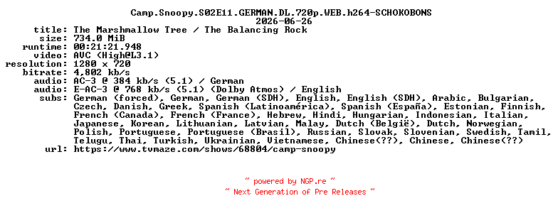 NFO for the release Camp.Snoopy.S02E11.GERMAN.DL.720p.WEB.h264-SCHOKOBONS by SCHOKOBONS