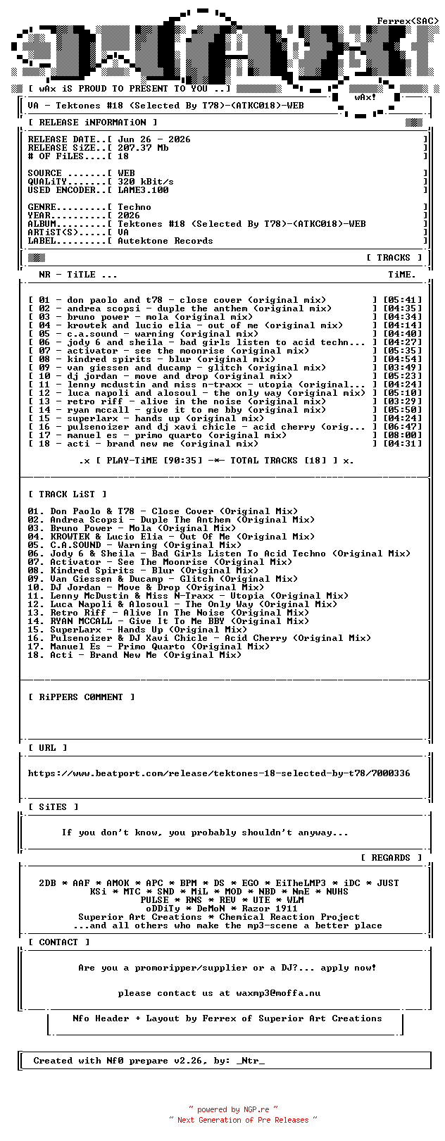 NFO for the release VA-Tektones_18_(Selected_By_T78)-(ATKC018)-WEB-2026-wAx by wAx