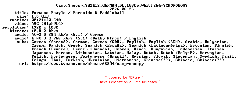NFO for the release Camp.Snoopy.S02E12.GERMAN.DL.1080p.WEB.h264-SCHOKOBONS by SCHOKOBONS