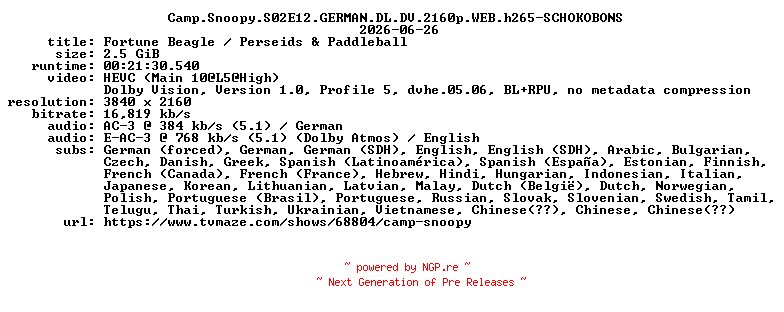 NFO for the release Camp.Snoopy.S02E12.GERMAN.DL.DV.2160p.WEB.h265-SCHOKOBONS by SCHOKOBONS