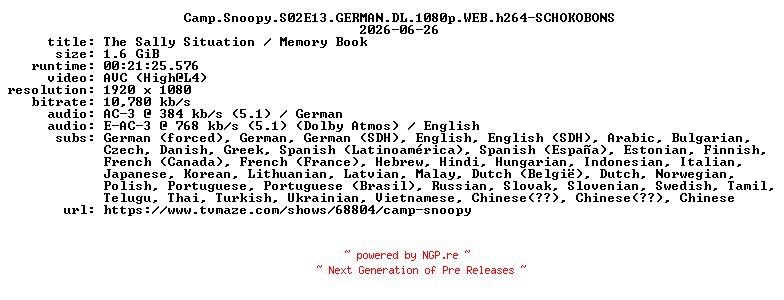 NFO for the release Camp.Snoopy.S02E13.GERMAN.DL.1080p.WEB.h264-SCHOKOBONS by SCHOKOBONS