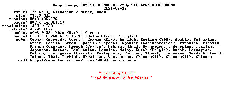 NFO for the release Camp.Snoopy.S02E13.GERMAN.DL.720p.WEB.h264-SCHOKOBONS by SCHOKOBONS