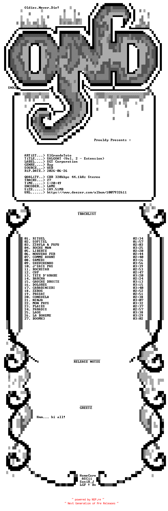 NFO for the release ElGrandeToto-SALGOAT_(Vol_2__Extension)-WEB-FR-2026-OND by OND