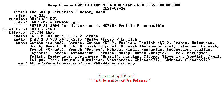 NFO for the release Camp.Snoopy.S02E13.GERMAN.DL.HDR.2160p.WEB.h265-SCHOKOBONS by SCHOKOBONS