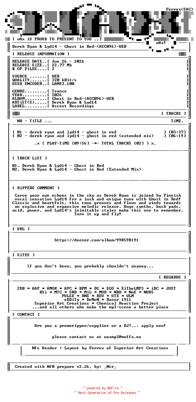 NFO for the release Derek_Ryan_and_Lyd14-Ghost_in_Red-(ASC096)-WEB-2026-wAx by wAx