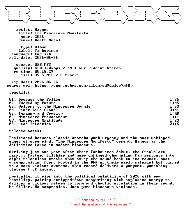 NFO for the release Haggus-The_Mincecore_Manifesto-WEB-2026-BLEEDiNG by BLEEDiNG