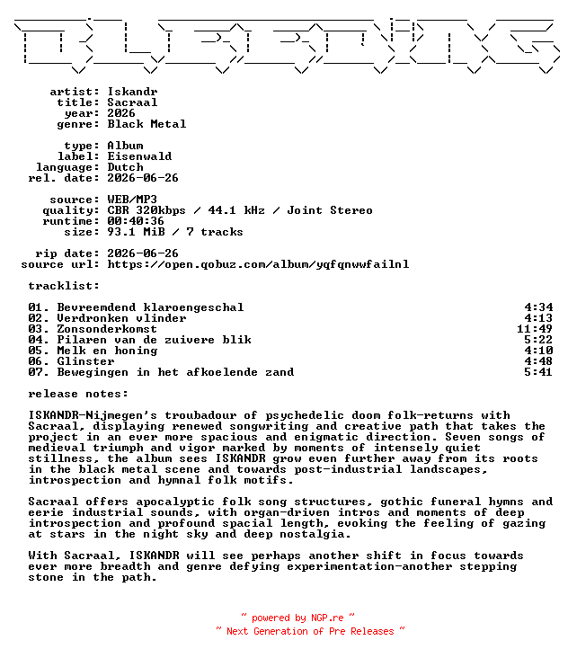 NFO for the release Iskandr-Sacraal-NL-WEB-2026-BLEEDiNG by BLEEDiNG