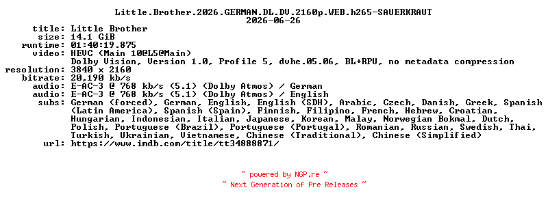 NFO for the release Little.Brother.2026.GERMAN.DL.DV.2160p.WEB.h265-SAUERKRAUT by SAUERKRAUT